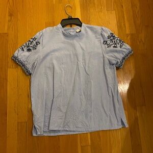 Loft Embroidered Blouse Womens Large Blue Thin Cotton Short Sleeves buttons Boho